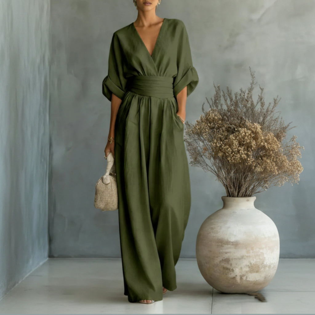 Casual Short-Sleeve V-Neck Wide-Leg Summer Jumpsuit