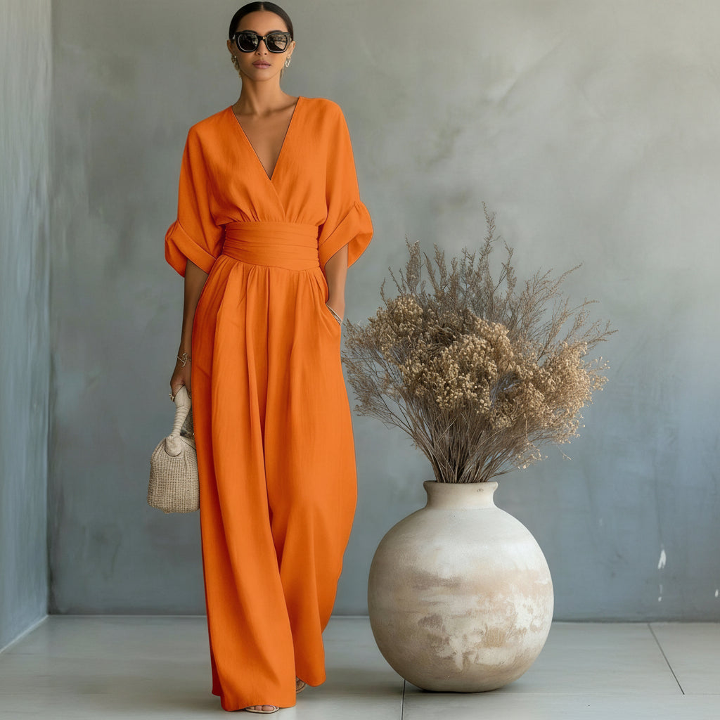 Casual Short-Sleeve V-Neck Wide-Leg Summer Jumpsuit