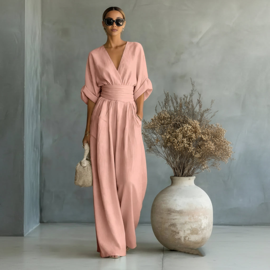 Casual Short-Sleeve V-Neck Wide-Leg Summer Jumpsuit