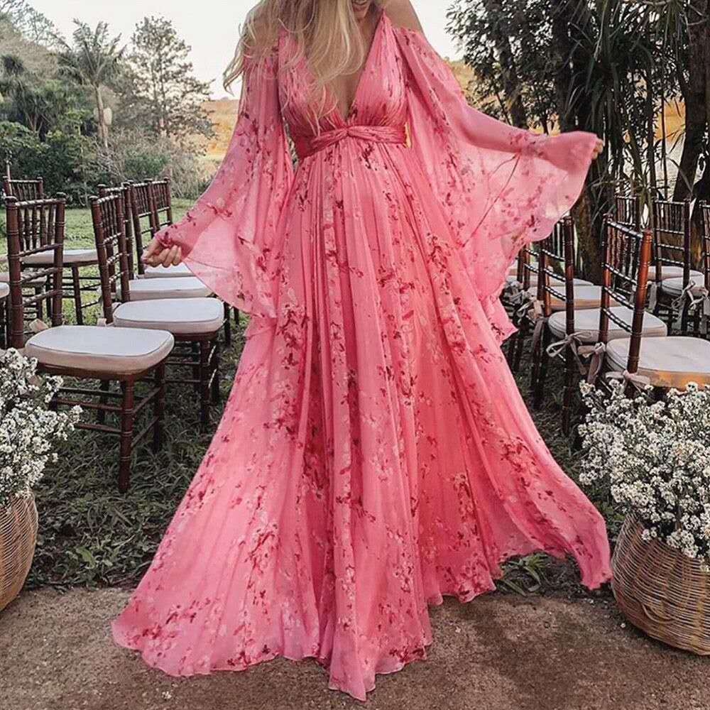 Chic Autumn Pink Dress with Flared Sleeves