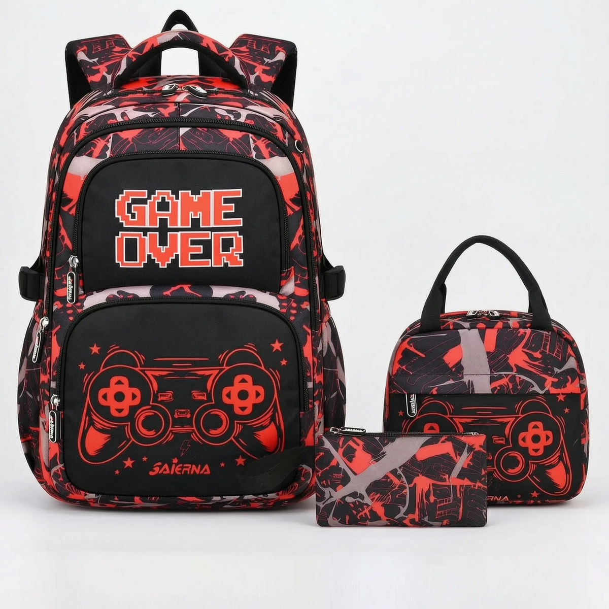 Complete 3-Piece School Bag Set with Gaming Print