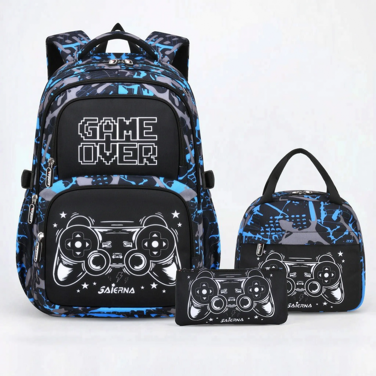Complete 3-Piece School Bag Set with Gaming Print