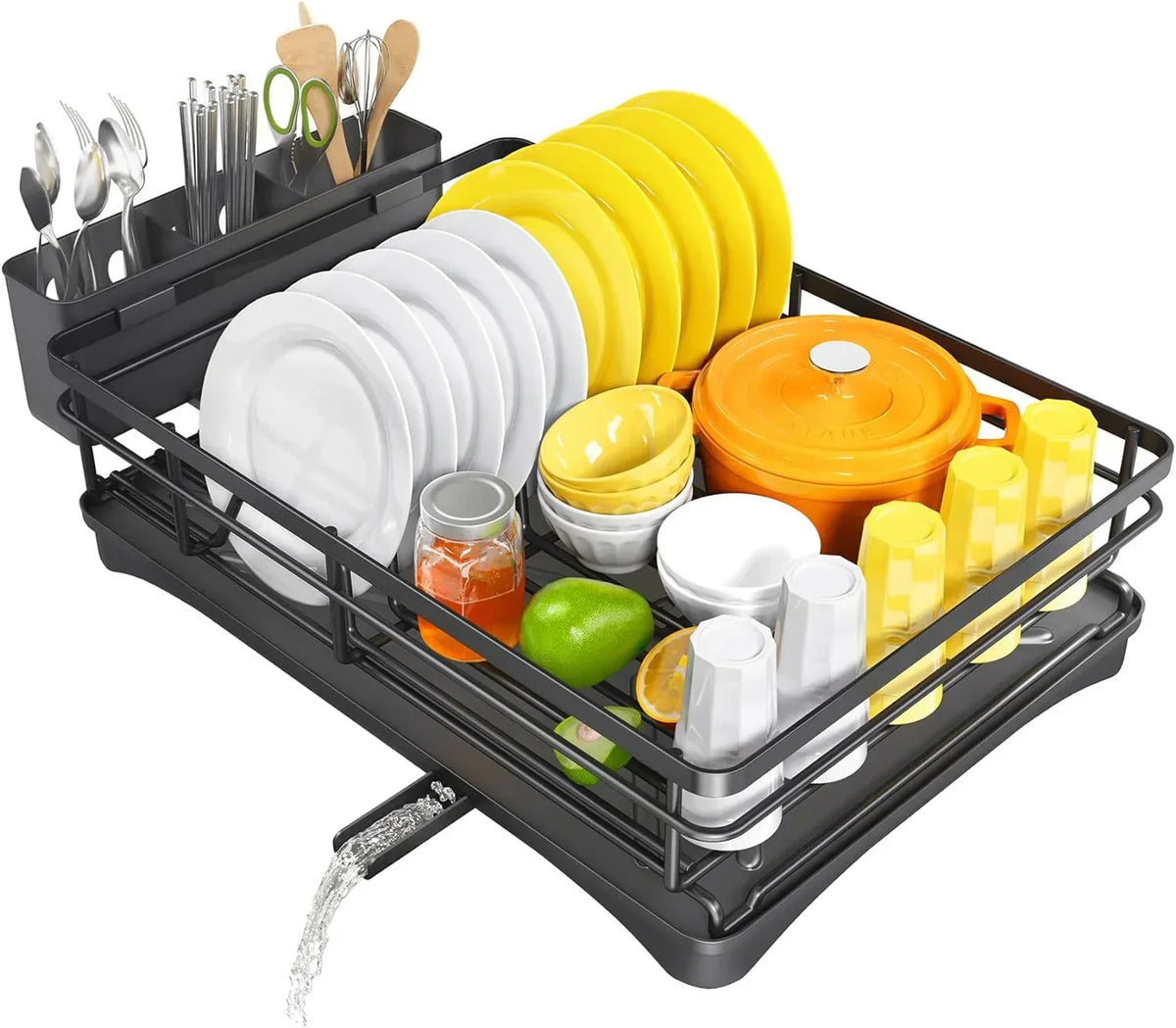 Dish Drying Rack with Drainboard and Large Cutlery Holder