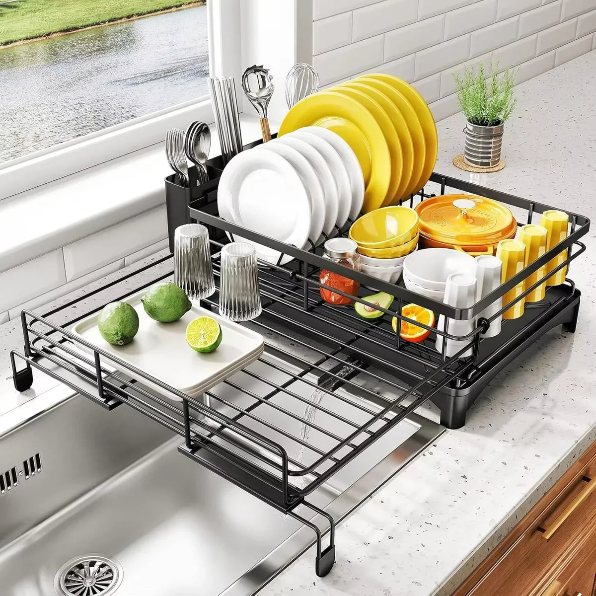 Dish Drying Rack with Drainboard and Large Cutlery Holder