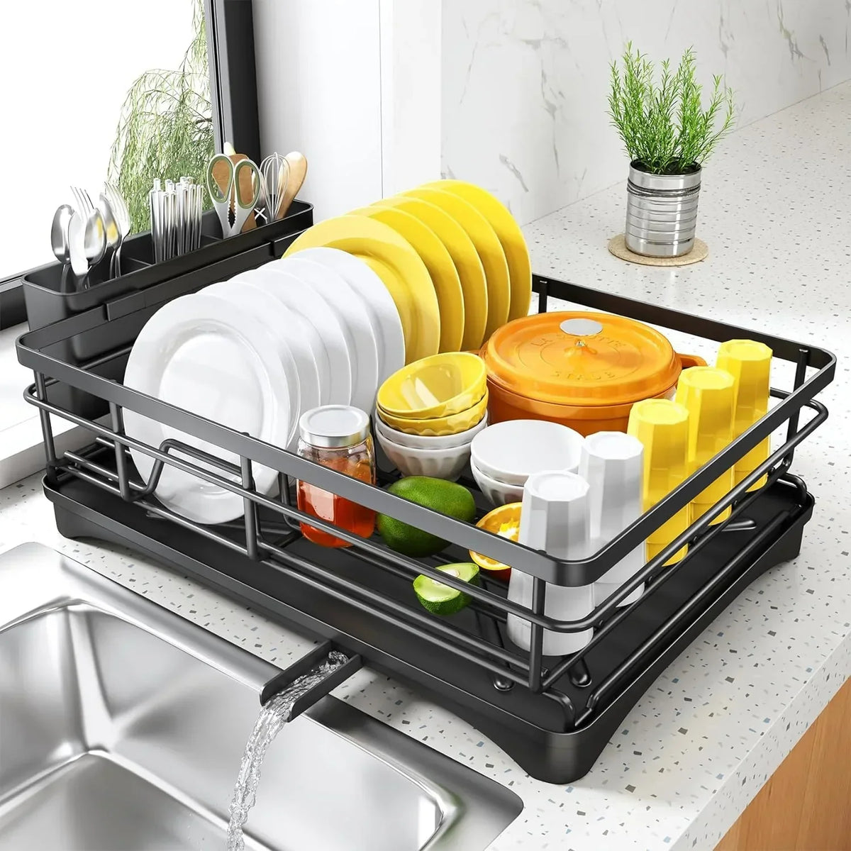 Dish Drying Rack with Drainboard and Large Cutlery Holder