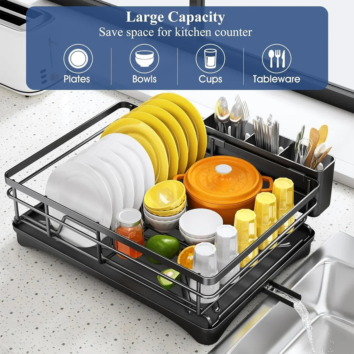 Dish Drying Rack with Drainboard and Large Cutlery Holder