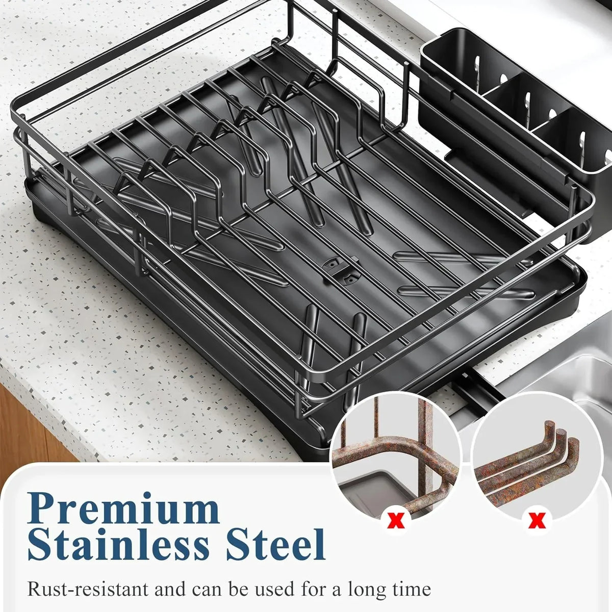 Dish Drying Rack with Drainboard and Large Cutlery Holder