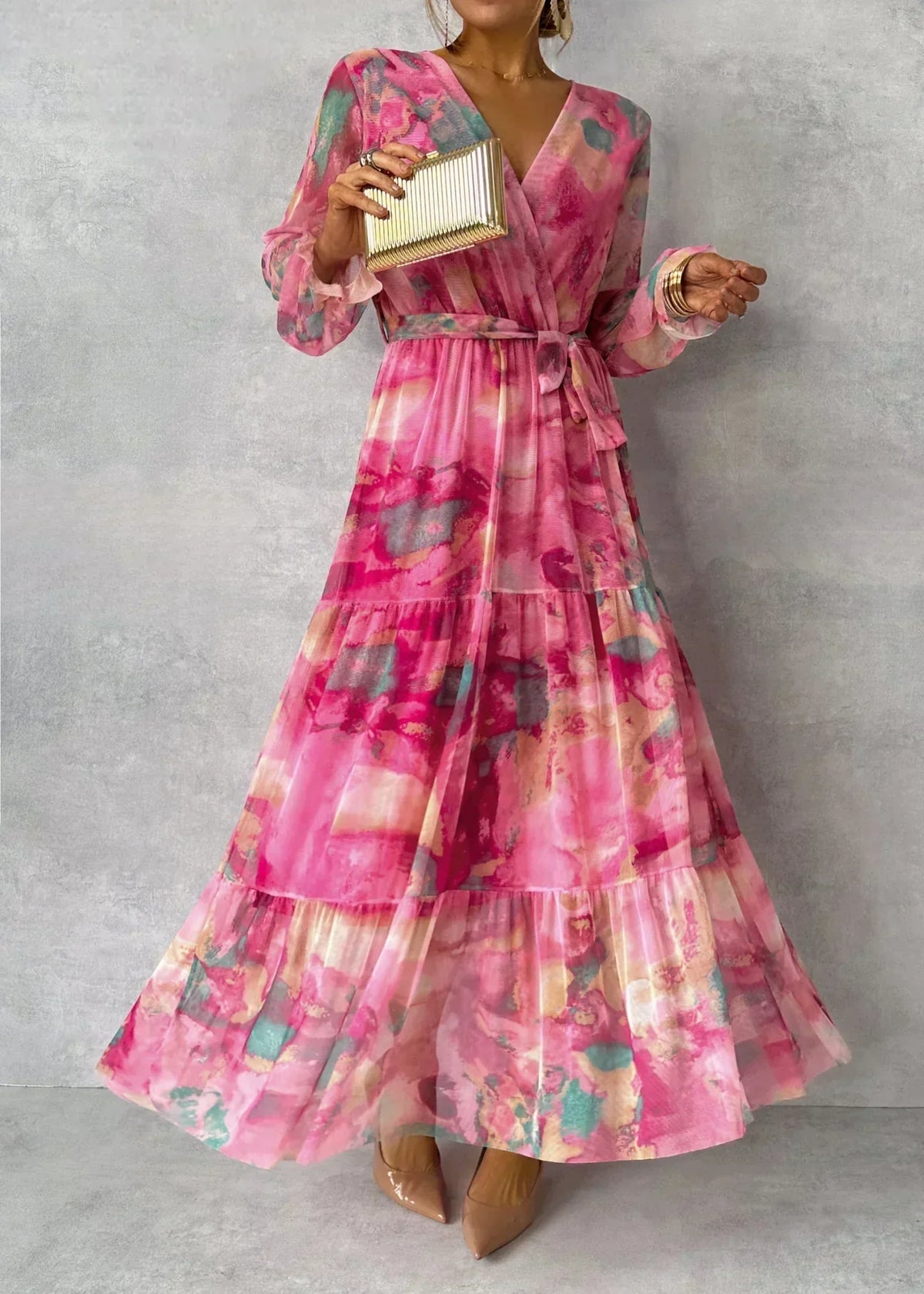 Elegant Long-Sleeve Maxi Wrap Dress - Partywear