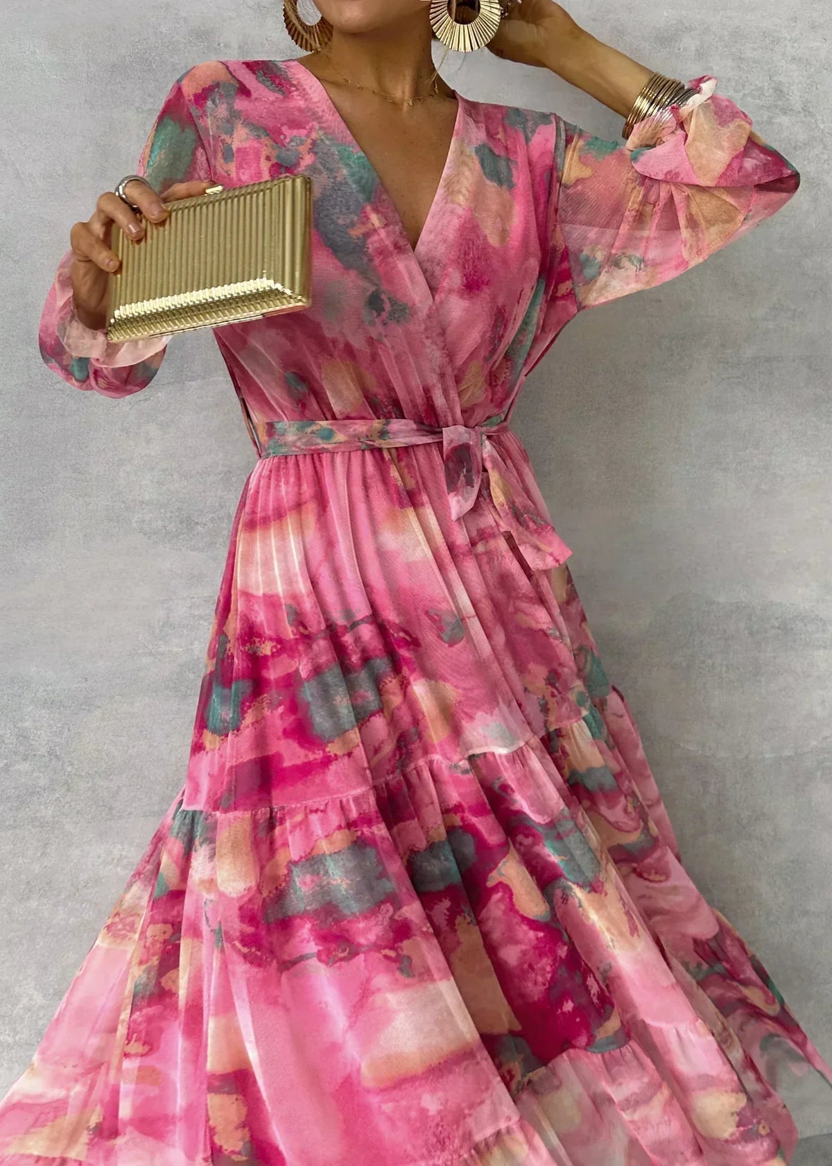 Elegant Long-Sleeve Maxi Wrap Dress - Partywear