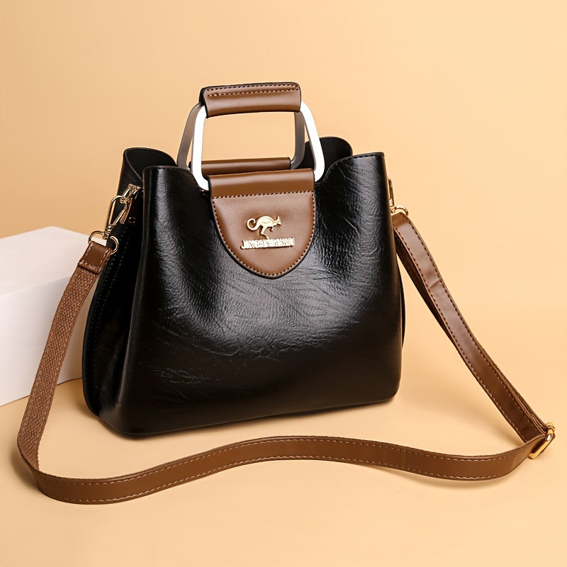 Elegant Two-Tone Handbag with Adjustable Strap – Black and Brown