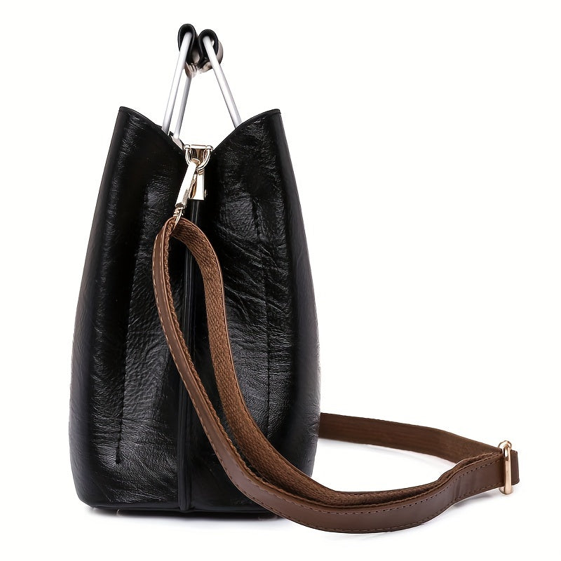 Elegant Two-Tone Handbag with Adjustable Strap – Black and Brown