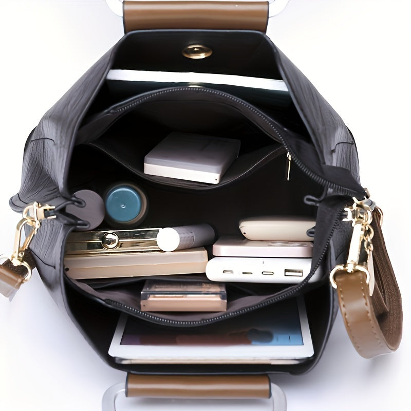 Elegant Two-Tone Handbag with Adjustable Strap – Black and Brown