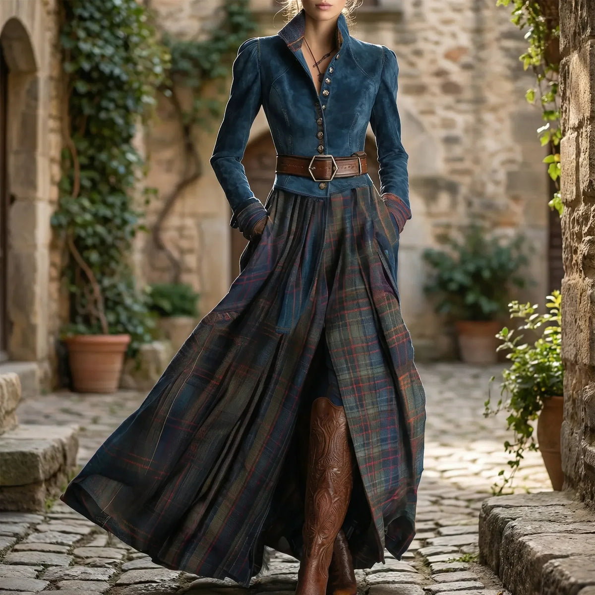 Fitted Maxi Dress with Plaid Skirt