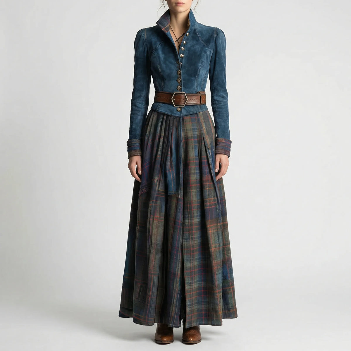 Fitted Maxi Dress with Plaid Skirt