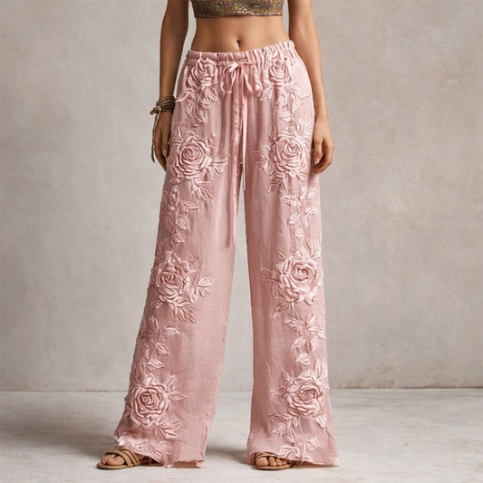 Floral Embroidered Drawstring Wide-Leg Pants