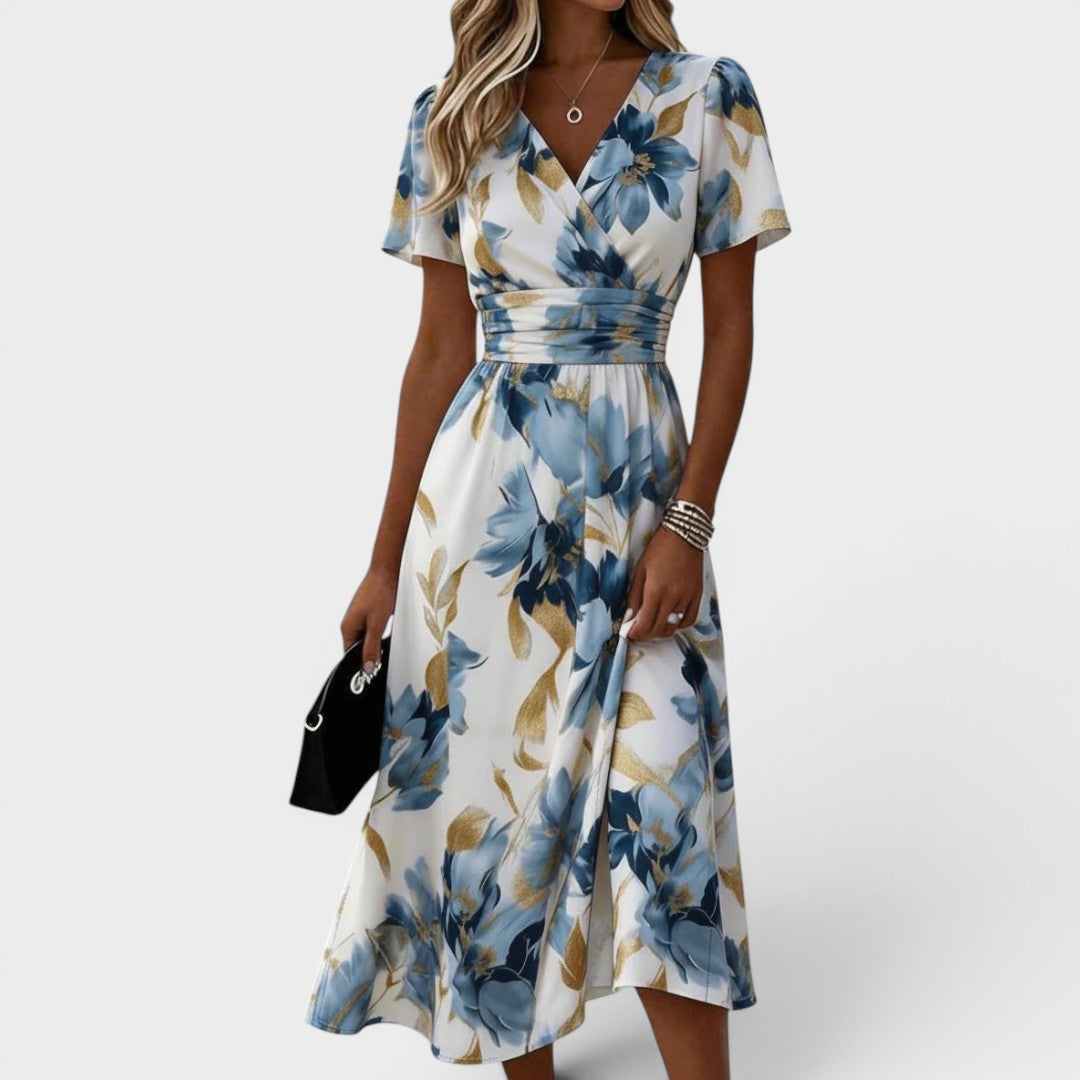 Floral Midi Dress with Gathered Waist and Gold Accents