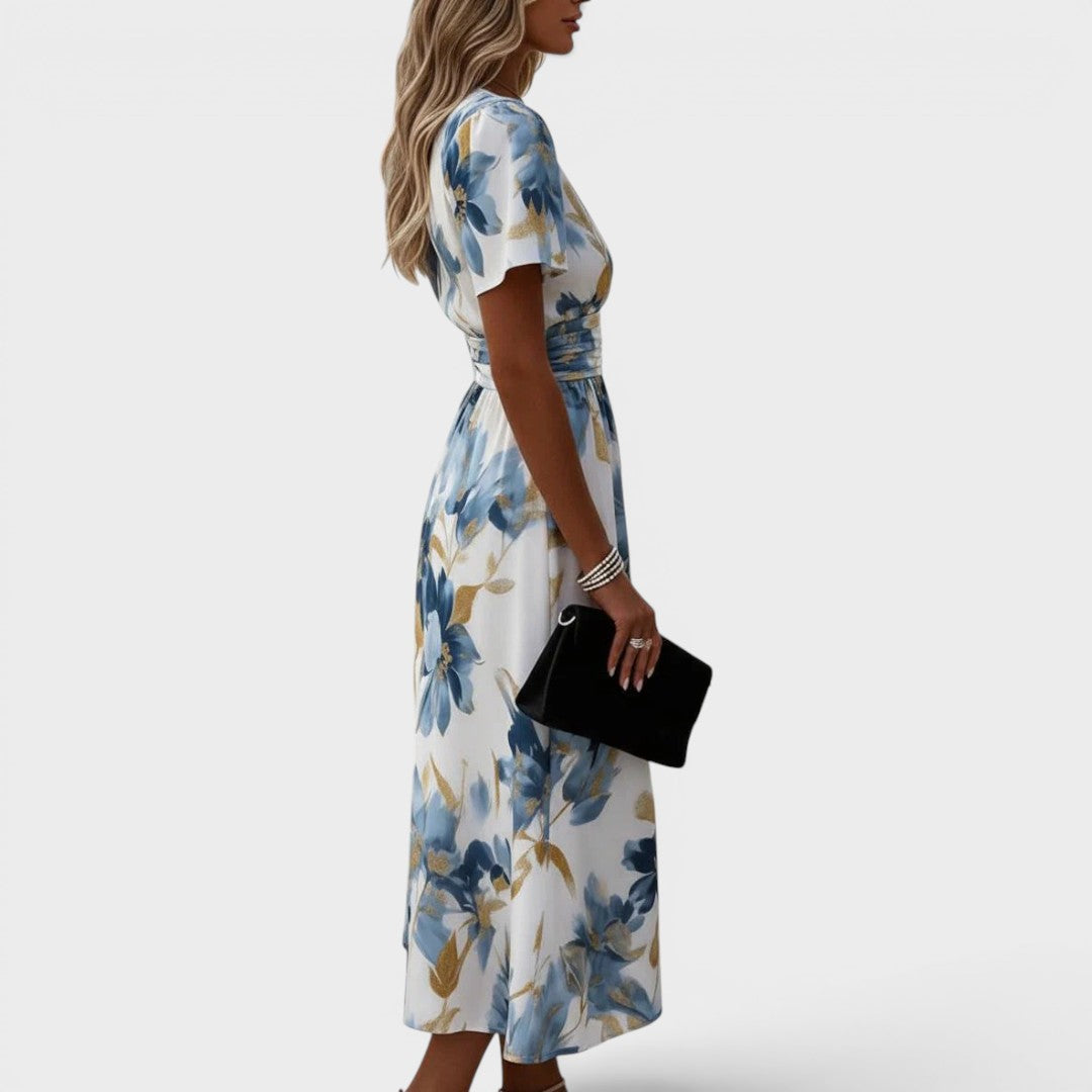 Floral Midi Dress with Gathered Waist and Gold Accents