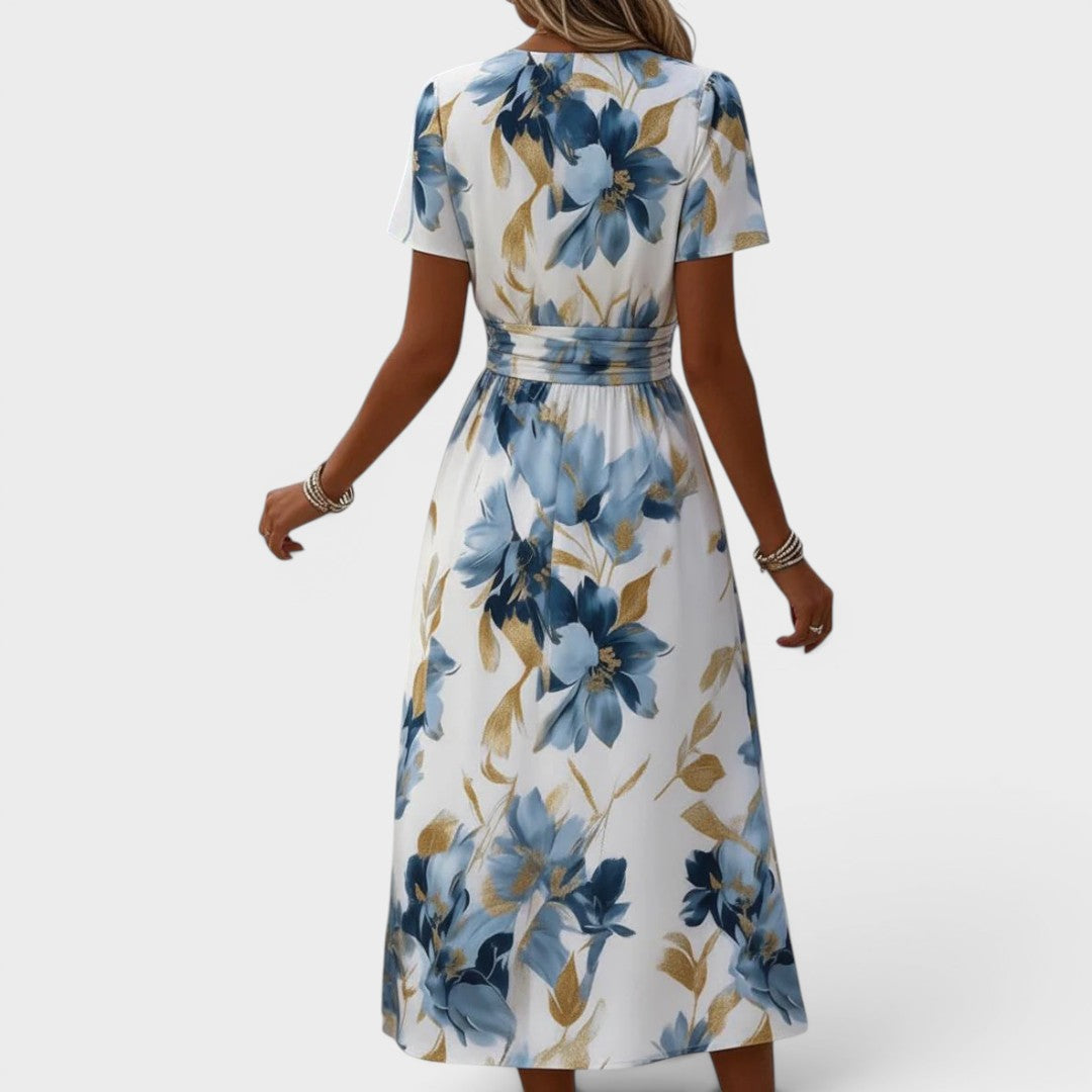Floral Midi Dress with Gathered Waist and Gold Accents