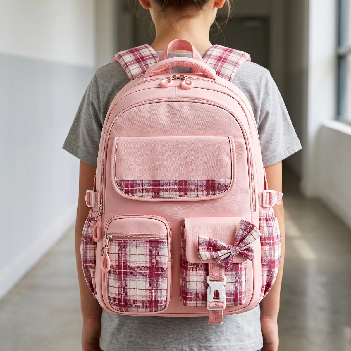 Kids' School Backpack with Plaid Details