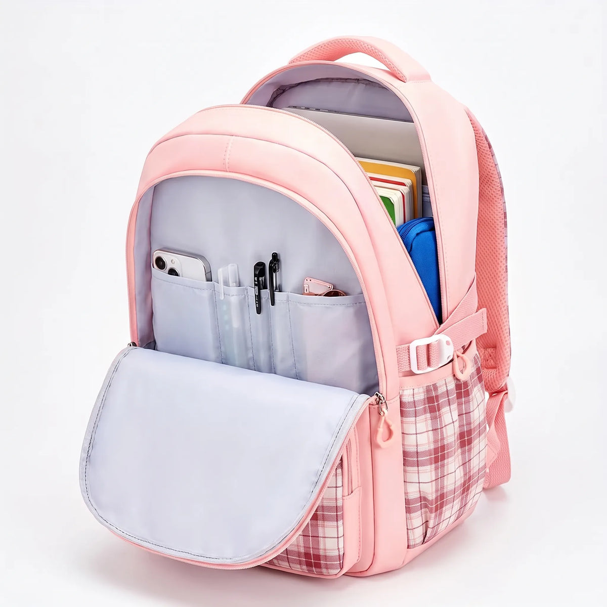 Kids' School Backpack with Plaid Details