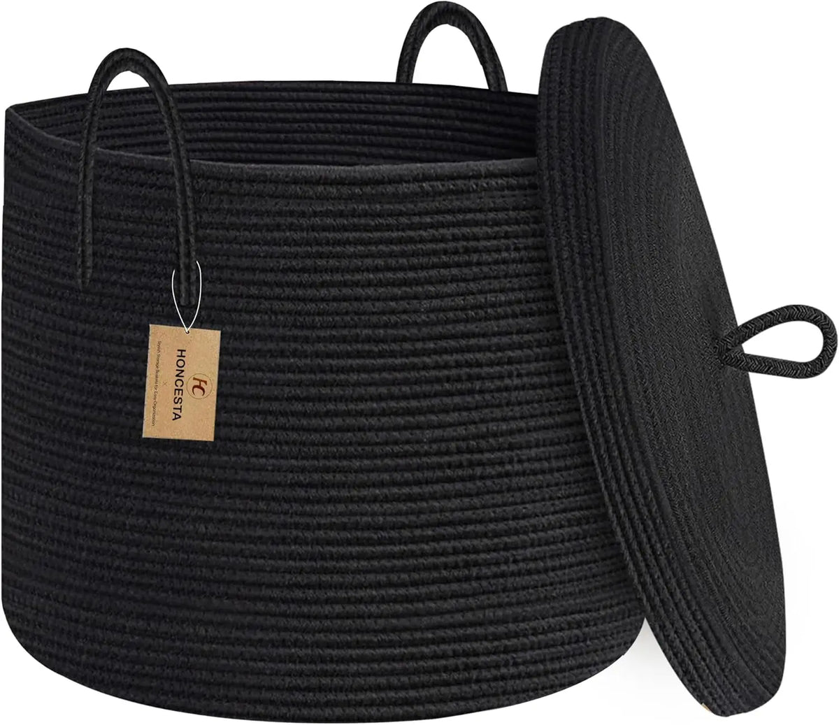 Large Black Cotton Rope Storage Basket with Lid