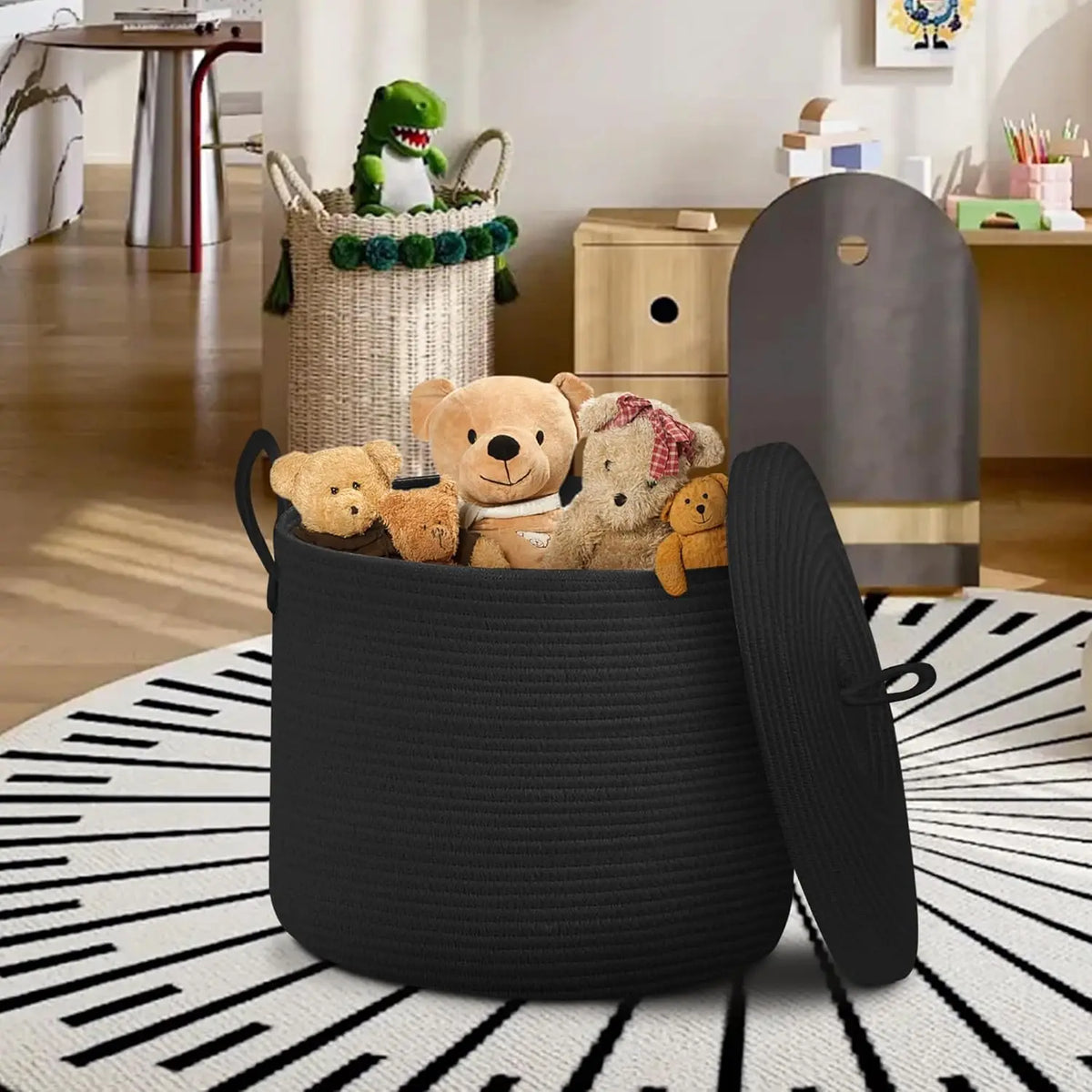 Large Black Cotton Rope Storage Basket with Lid