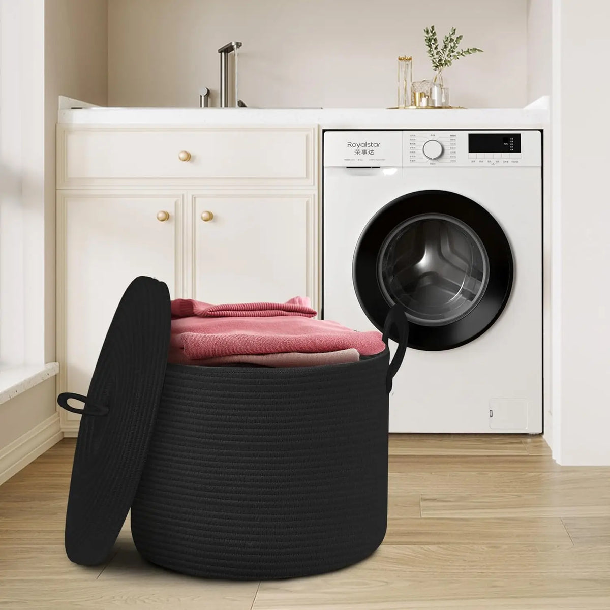 Large Black Cotton Rope Storage Basket with Lid