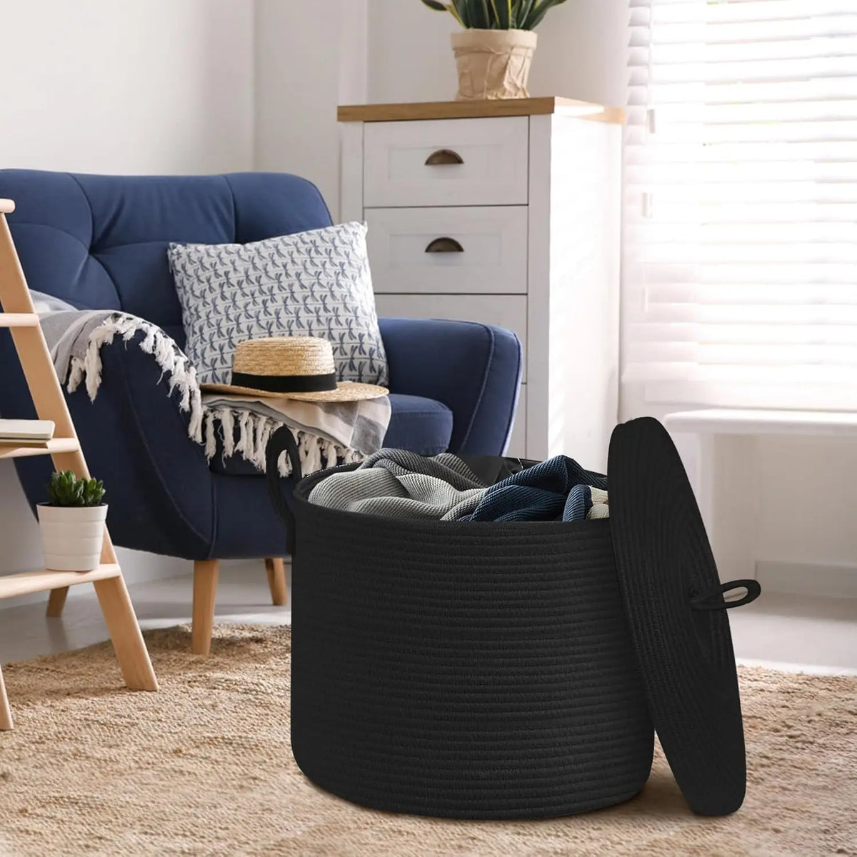 Large Black Cotton Rope Storage Basket with Lid