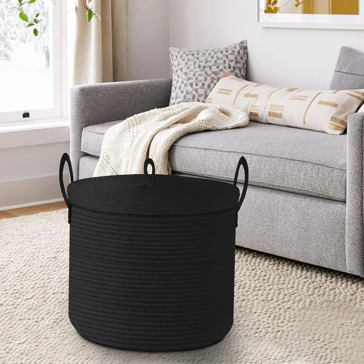 Large Black Cotton Rope Storage Basket with Lid