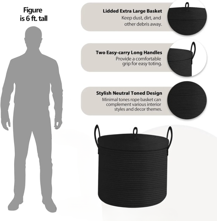 Large Black Cotton Rope Storage Basket with Lid