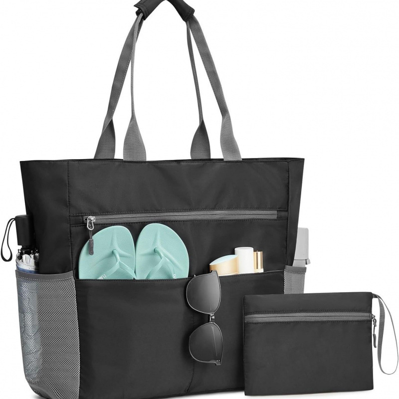 Large Waterproof Beach Bag with Zipper – Spacious, Foldable Beach Tote with 13 Pockets for Summer Outings