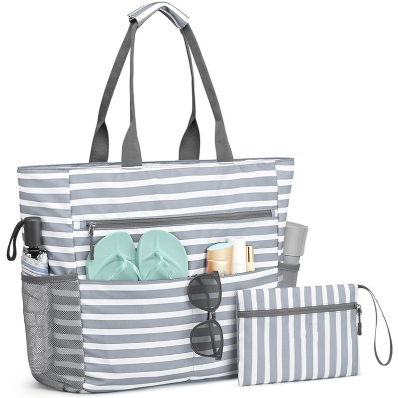 Large Waterproof Beach Bag with Zipper – Spacious, Foldable Beach Tote with 13 Pockets for Summer Outings