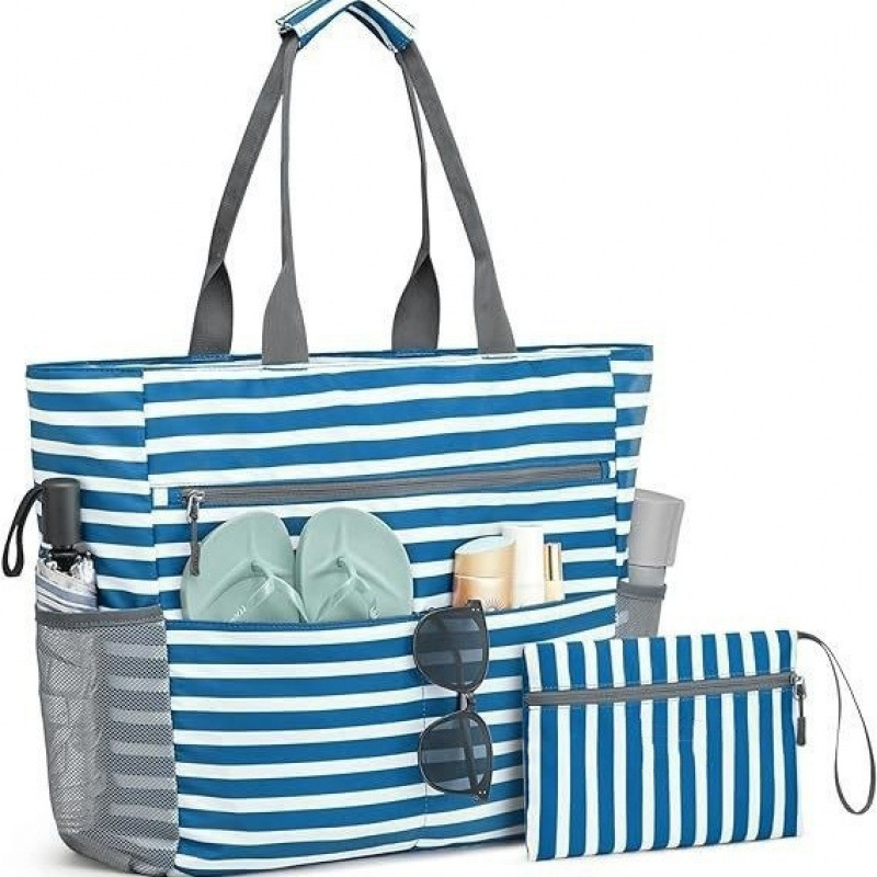 Large Waterproof Beach Bag with Zipper – Spacious, Foldable Beach Tote with 13 Pockets for Summer Outings
