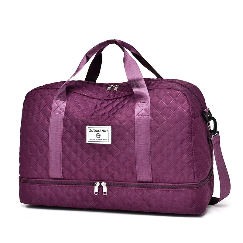 Lightweight Diamond Quilted Travel Bag | Large Sports & Weekender Duffle Bag with Shoe & Wet Compartments | Foldable Carry-On Bag