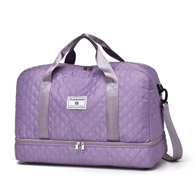 Lightweight Diamond Quilted Travel Bag | Large Sports & Weekender Duffle Bag with Shoe & Wet Compartments | Foldable Carry-On Bag