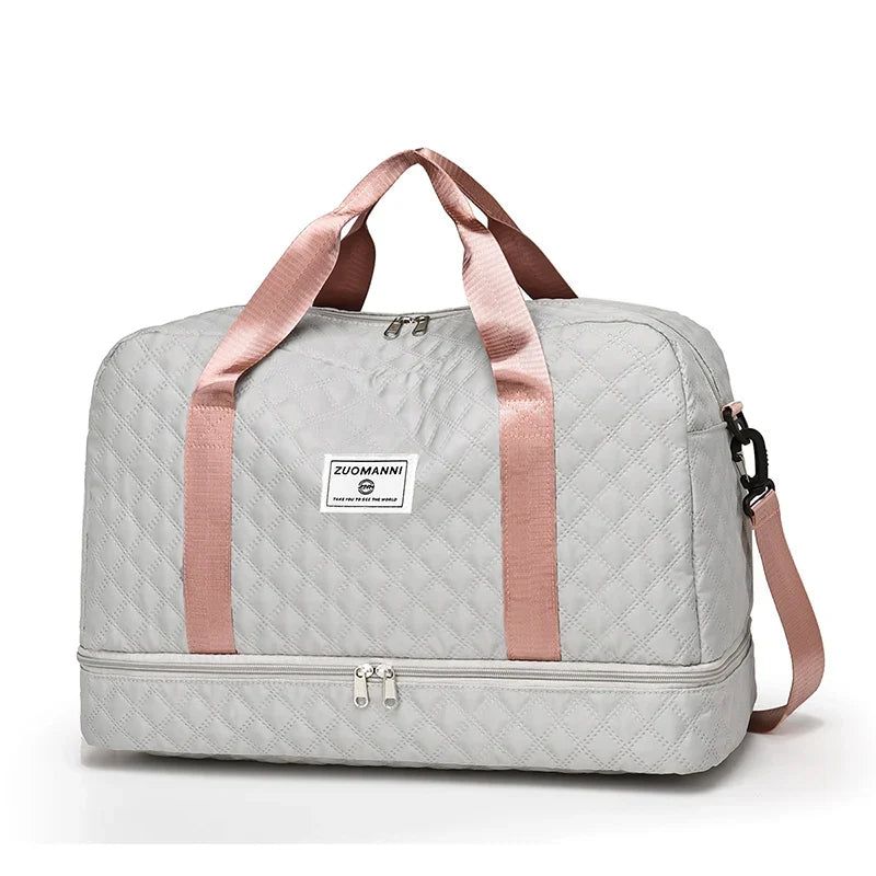 Lightweight Diamond Quilted Travel Bag | Large Sports & Weekender Duffle Bag with Shoe & Wet Compartments | Foldable Carry-On Bag