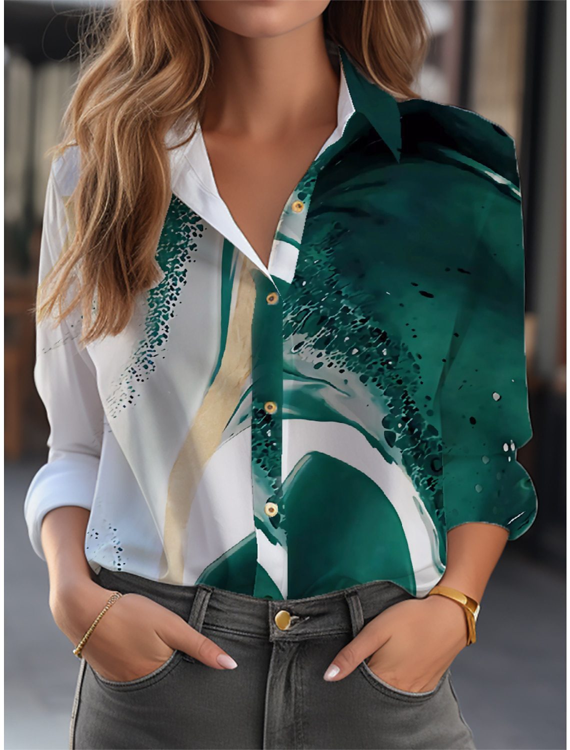 Loose Long-Sleeve Floral Button-Down Blouse