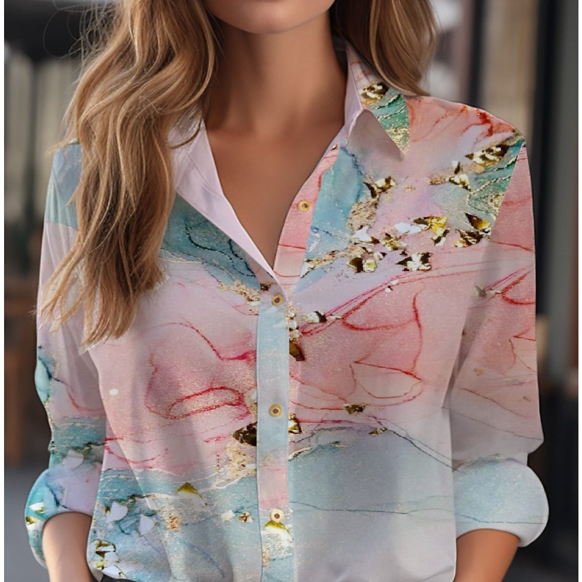 Loose Long-Sleeve Floral Button-Down Blouse