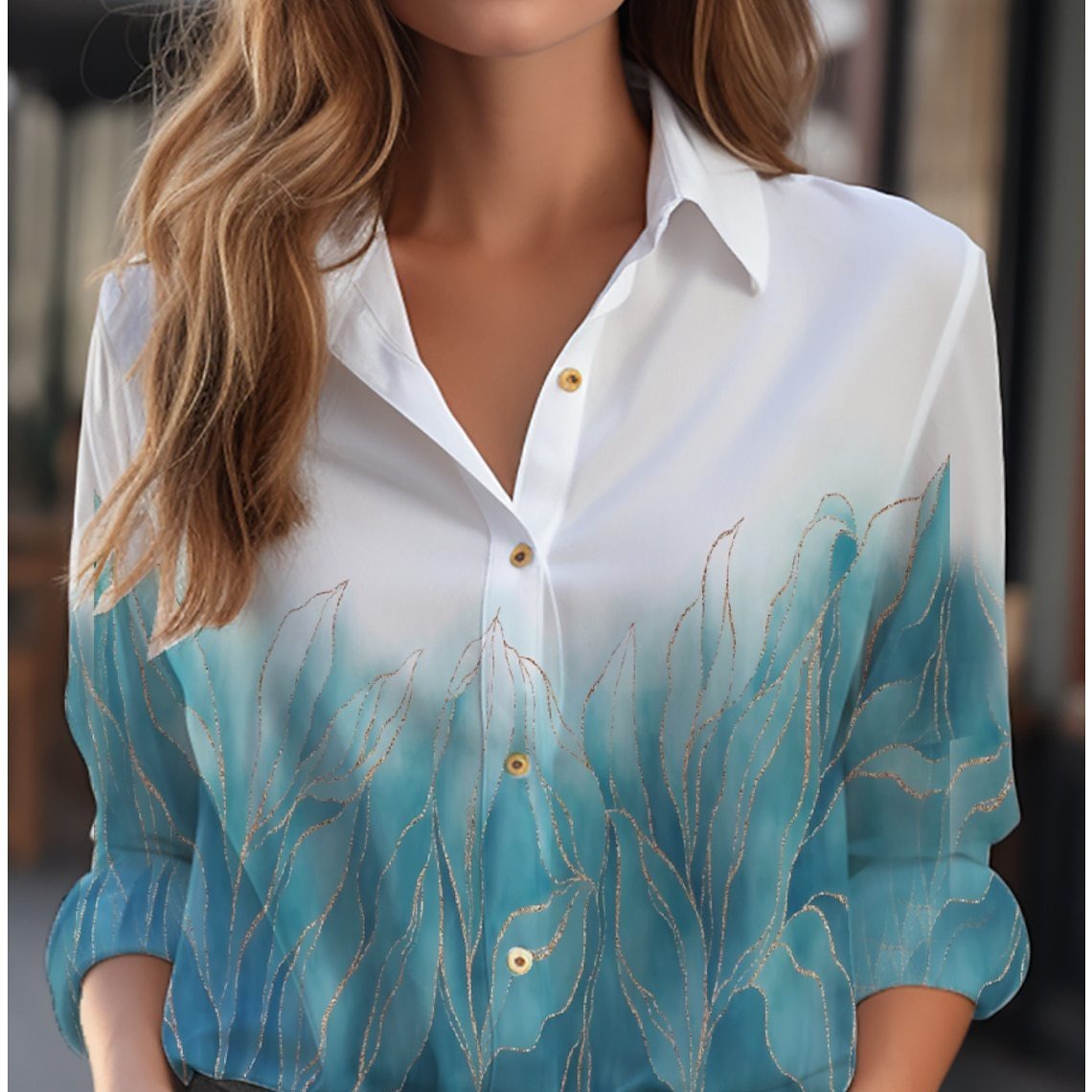Loose Long-Sleeve Floral Button-Down Blouse