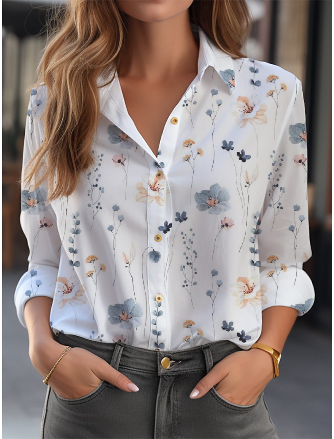 Loose Long-Sleeve Floral Button-Down Blouse
