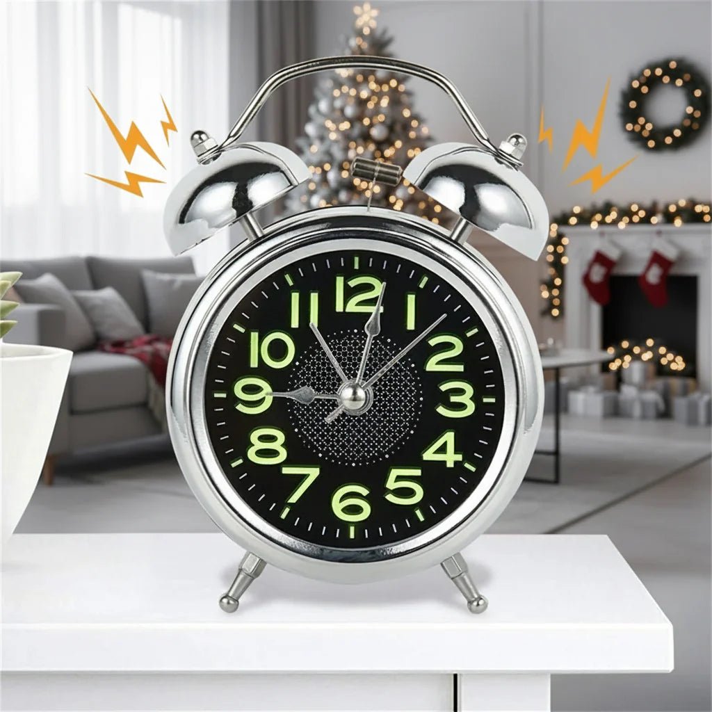 Loud Retro Battery-Operated Dual Bell Alarm Clock with Silent Mechanism for Heavy Sleepers