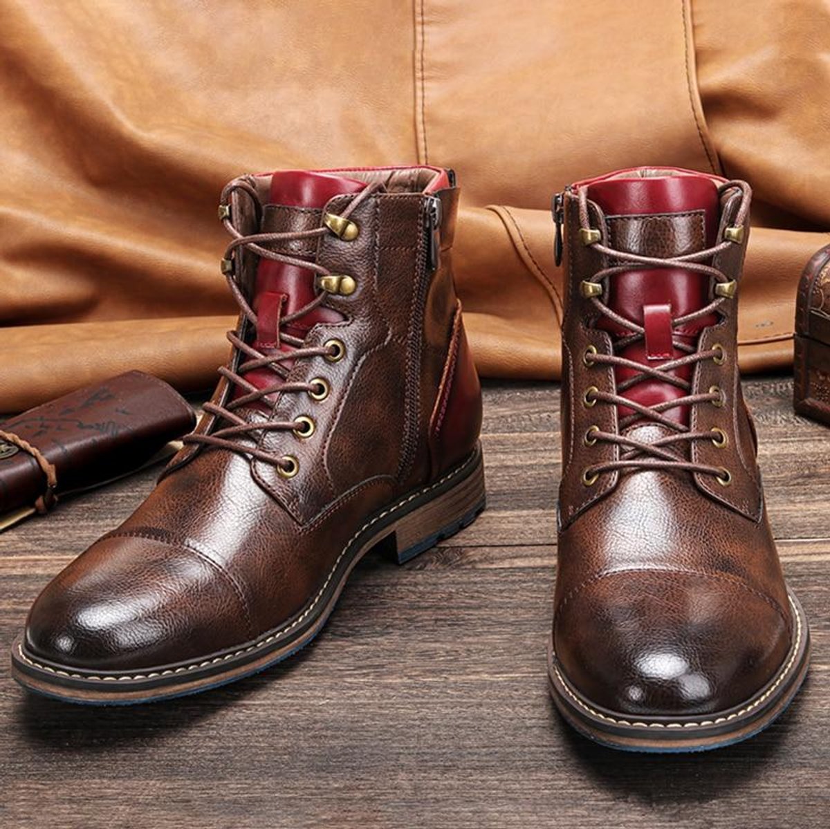 Men's Brown Lace-Up Ankle Oxford Boots with Side Zipper