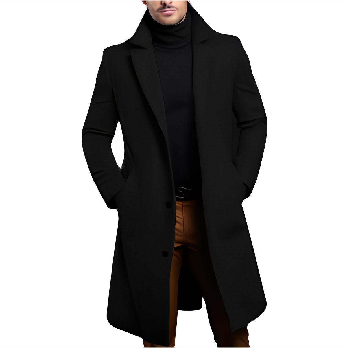 Men's Double-Breasted Long Coat with Notched Lapel