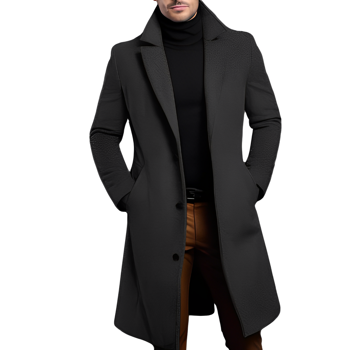 Men's Double-Breasted Long Coat with Notched Lapel