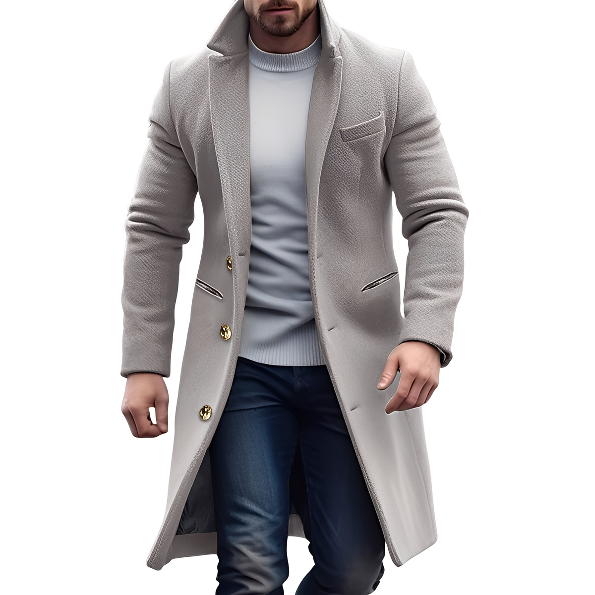 Men's Double-Breasted Long Coat with Notched Lapel