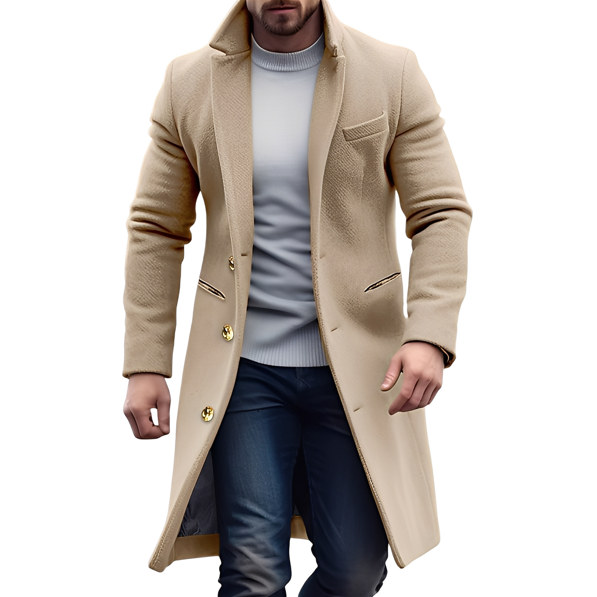 Men's Double-Breasted Long Coat with Notched Lapel