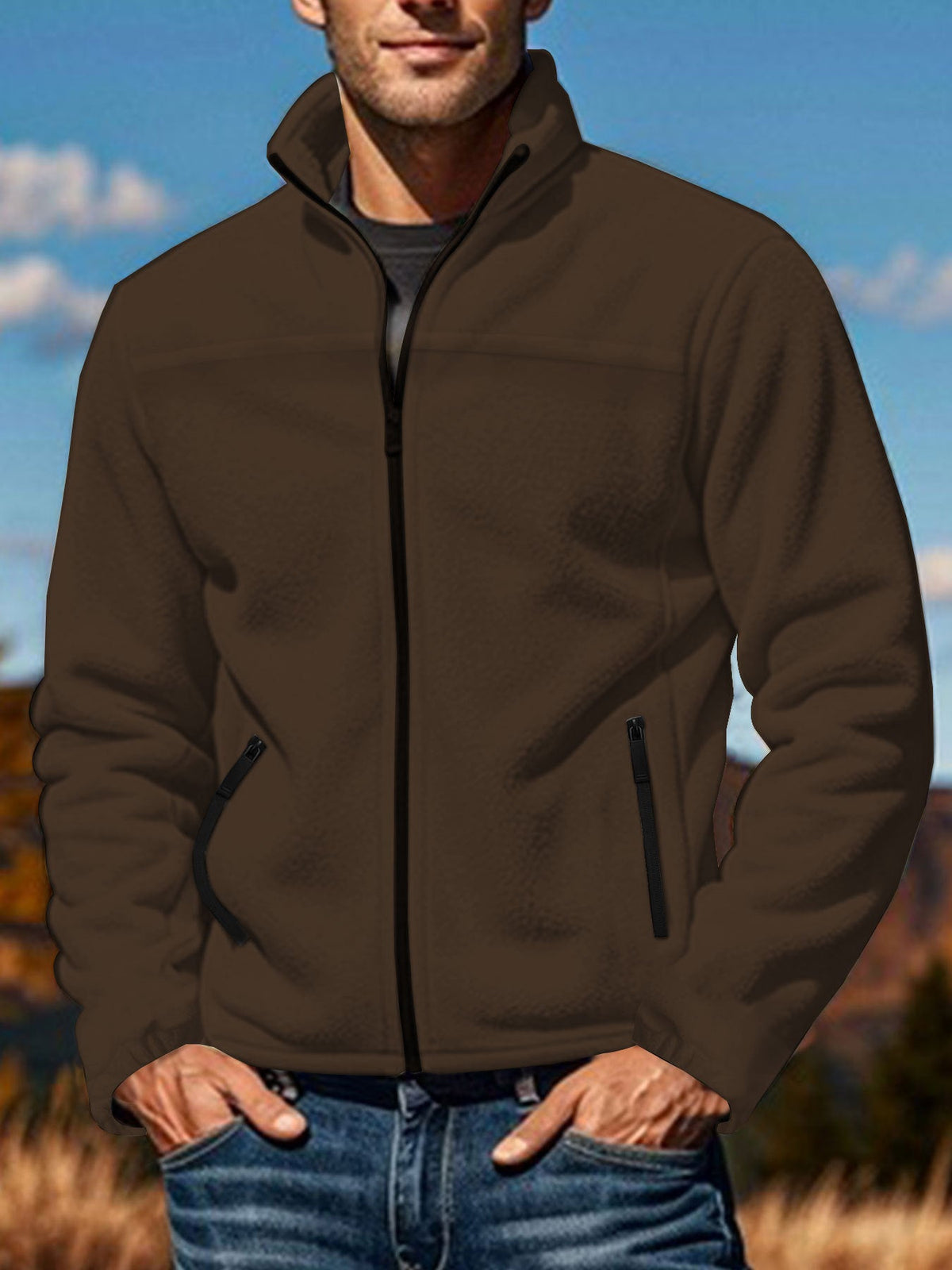 Men's Full-Zip Jacket with Stand-Up Collar and Zip Pockets