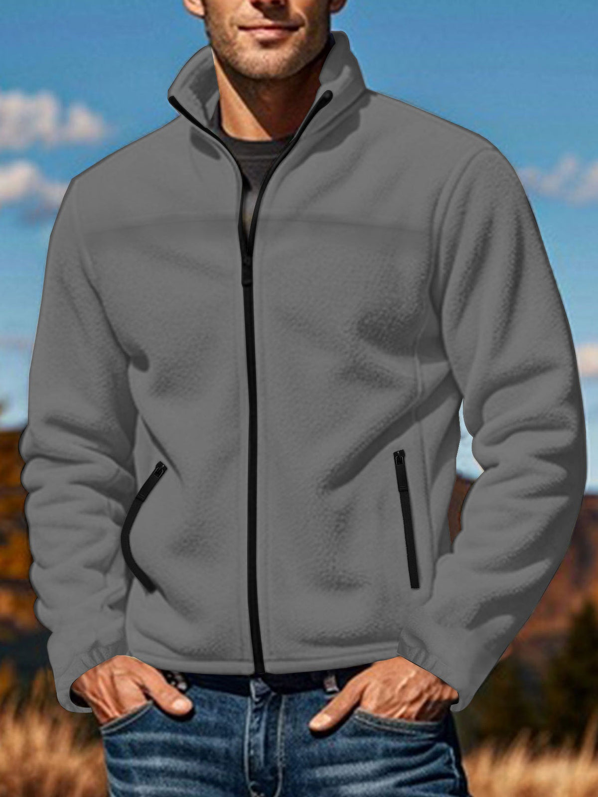 Men's Full-Zip Jacket with Stand-Up Collar and Zip Pockets
