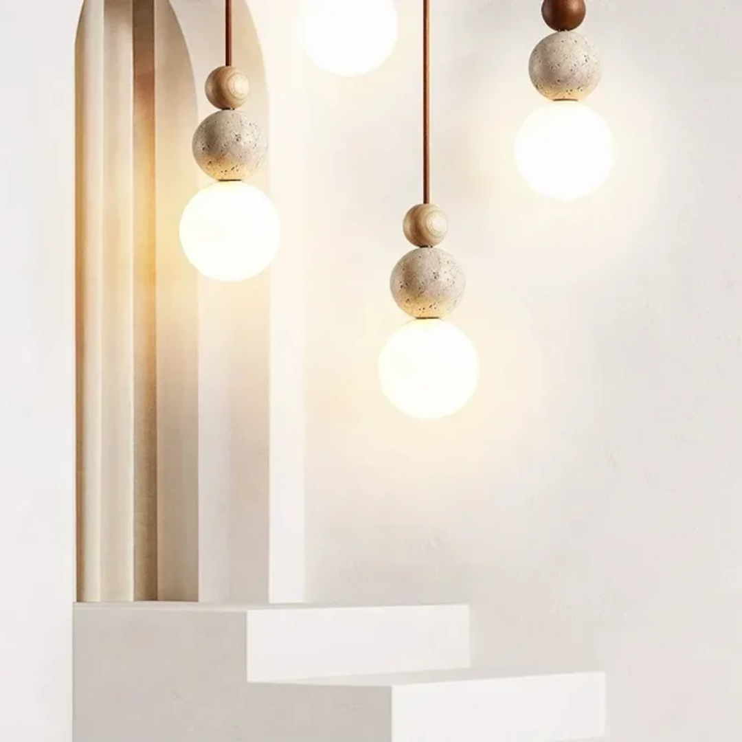 Modern Travertine and Mahogany Pendant Light