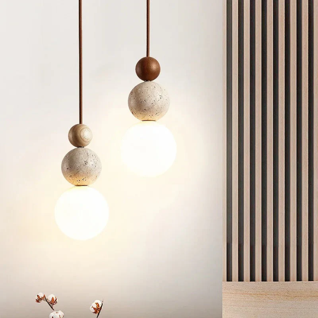 Modern Travertine and Mahogany Pendant Light